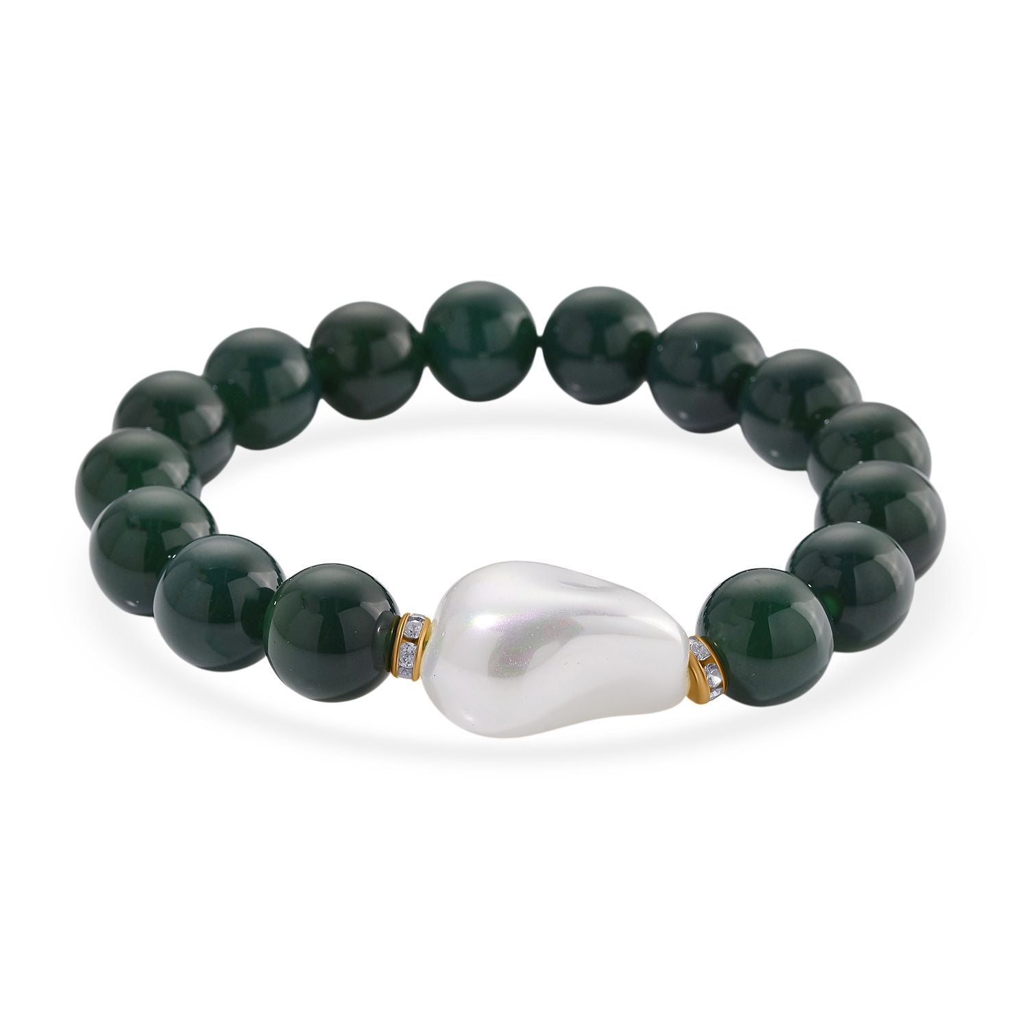 Verde Onyx, Weiße Muschelkernperle, Weißer Zirkonia Armband ca. Flexibles cm Standard gelb vergoldet