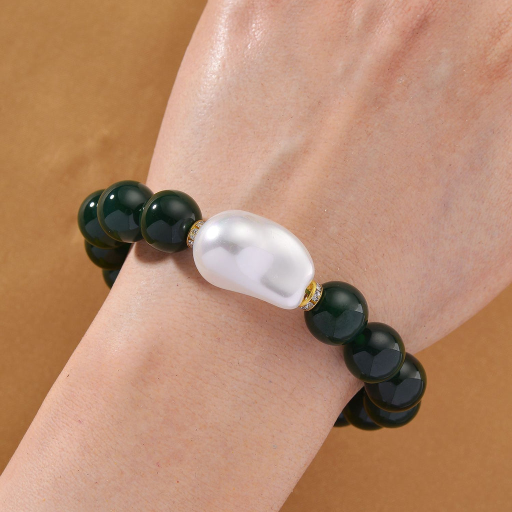 Verde Onyx, Weiße Muschelkernperle, Weißer Zirkonia Armband ca. Flexibles cm Standard gelb vergoldet