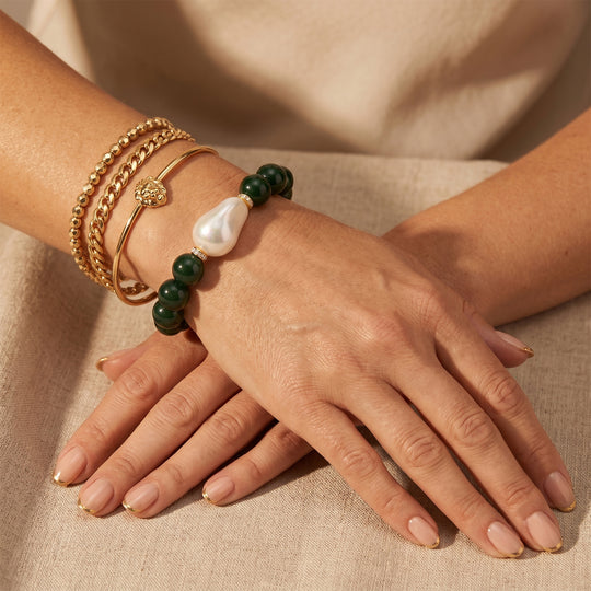 Verde Onyx, Weiße Muschelkernperle, Weißer Zirkonia Armband ca. Flexibles cm Standard gelb vergoldet
