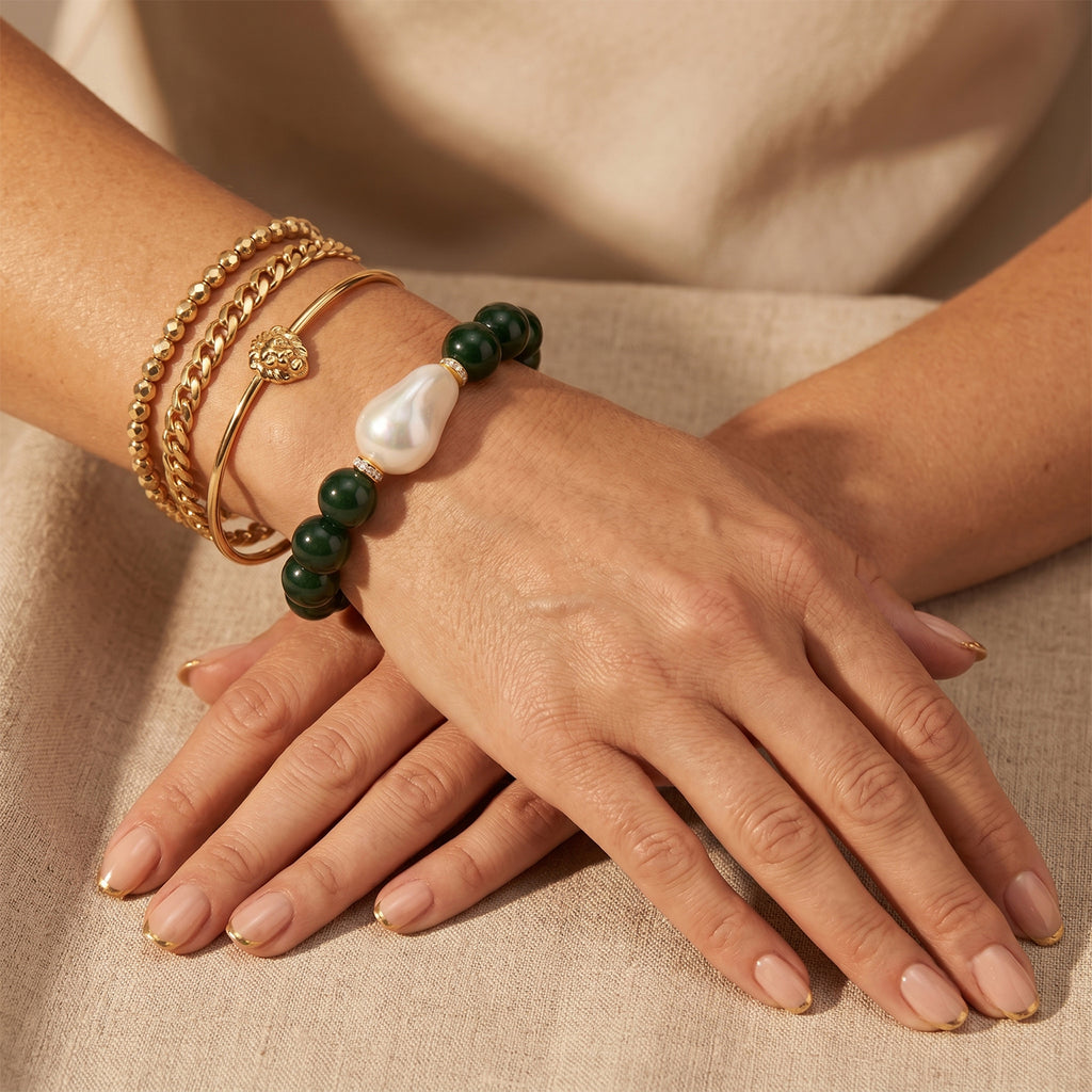 Verde Onyx, Weiße Muschelkernperle, Weißer Zirkonia Armband ca. Flexibles cm Standard gelb vergoldet