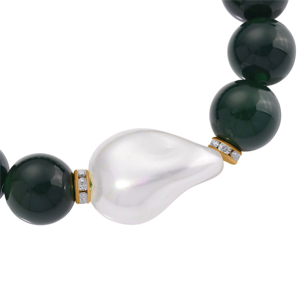 Verde Onyx, Weiße Muschelkernperle, Weißer Zirkonia Armband ca. Flexibles cm Standard gelb vergoldet