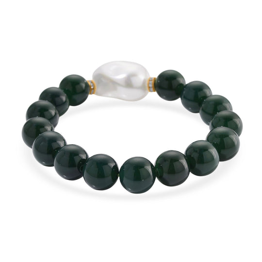 Verde Onyx, Weiße Muschelkernperle, Weißer Zirkonia Armband ca. Flexibles cm Standard gelb vergoldet