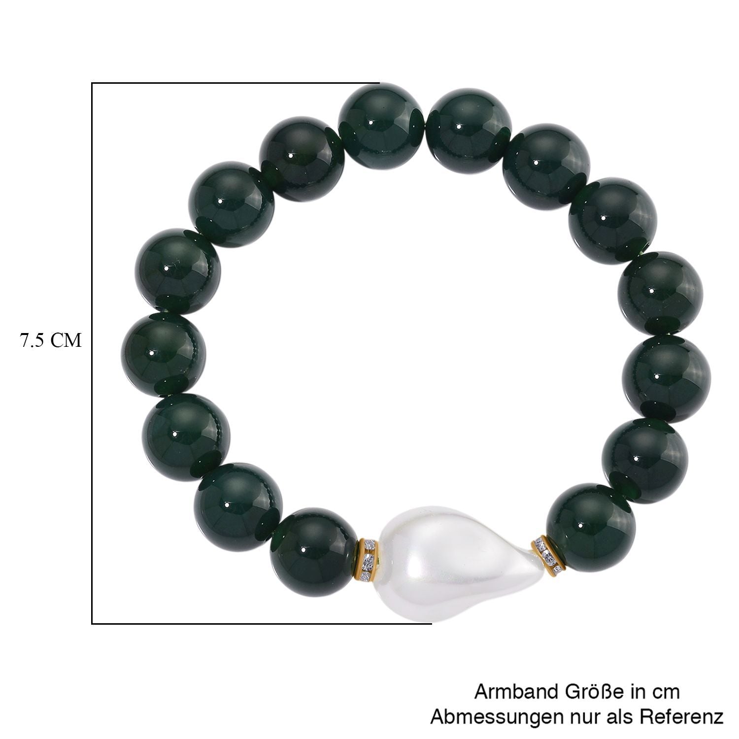 Verde Onyx, Weiße Muschelkernperle, Weißer Zirkonia Armband ca. Flexibles cm Standard gelb vergoldet