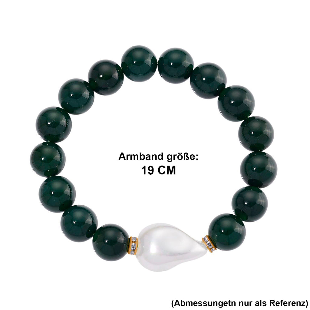 Verde Onyx, Weiße Muschelkernperle, Weißer Zirkonia Armband ca. Flexibles cm Standard gelb vergoldet
