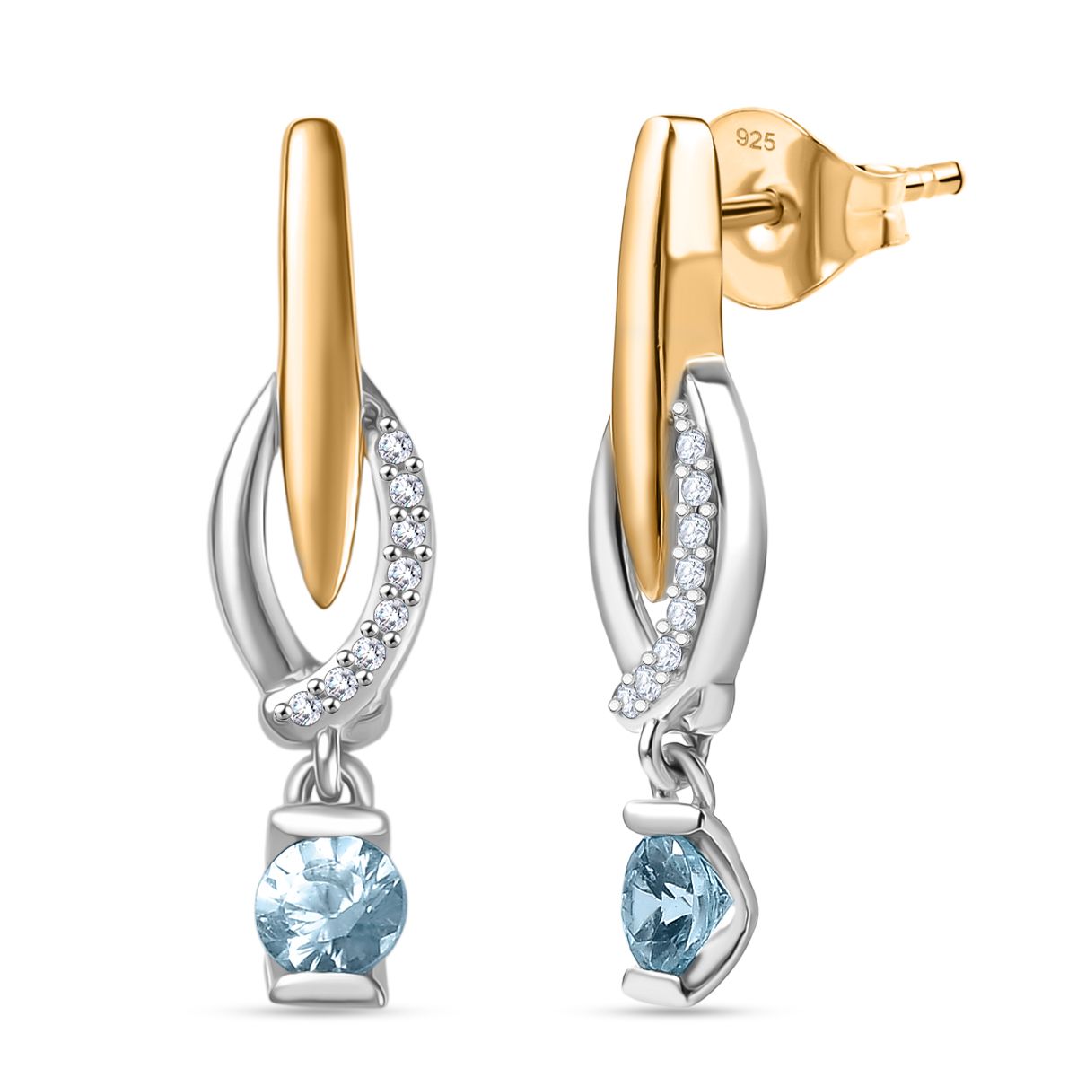 D'Joy Blauer Zirkon, Weißer Zirkon Ohrringe 925 Silber platiniert und vergoldet ca. 0.83 ct