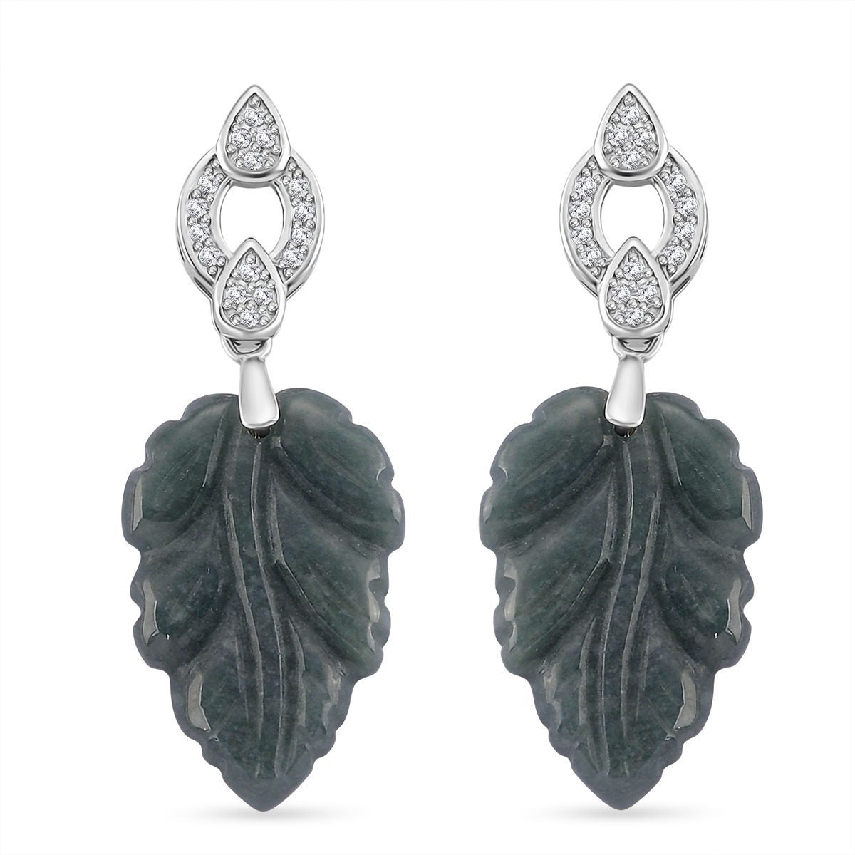 EXTREM SELTEN - D'Joy Natürlicher Olmek Jadeit, Weißer Zirkonia Ohrringe 925 Silber rhodiniert