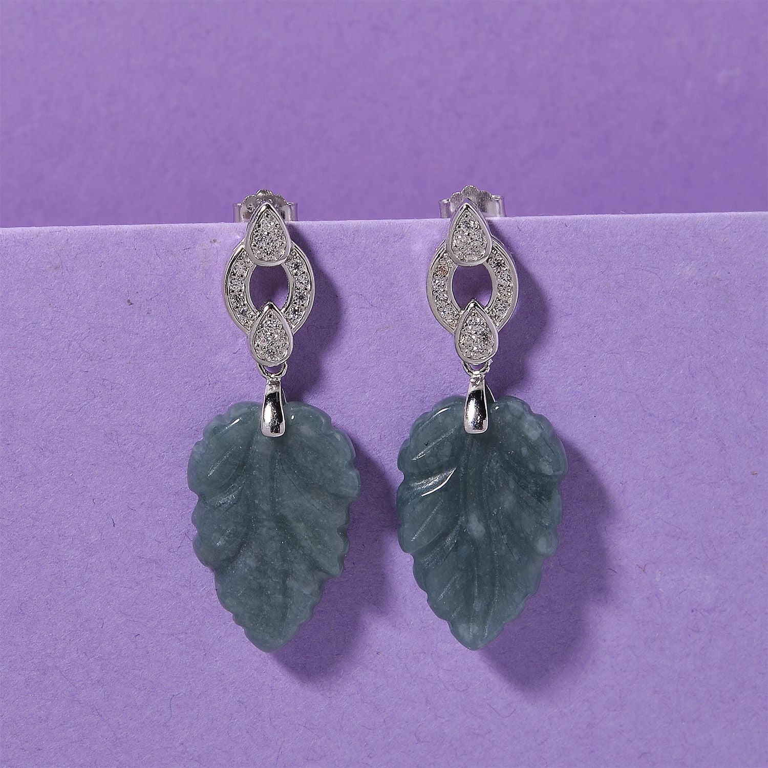 EXTREM SELTEN - D'Joy Natürlicher Olmek Jadeit, Weißer Zirkonia Ohrringe 925 Silber rhodiniert