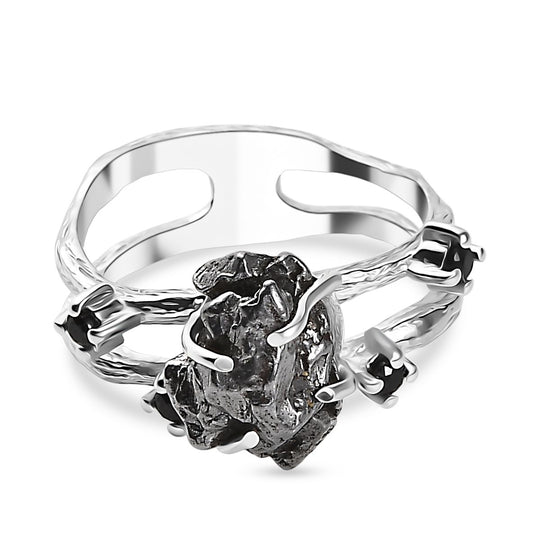 D'Joy Muonionalusta Meteorit, Schwarzer Spinell Ring 925 Silber rhodiniert (Größe 19.00) ca. 16.25 ct
