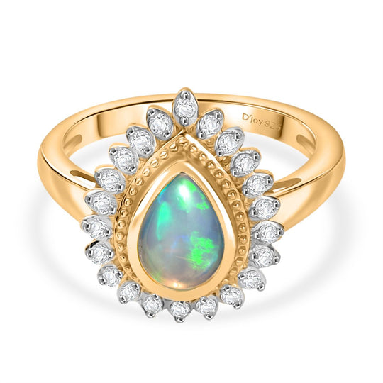 D'Joy AA Natürlicher, äthiopischer Welo Opal, Weißer Zirkon Ring 925 Silber vergoldet (Größe 17.00) ca. 1.28 ct