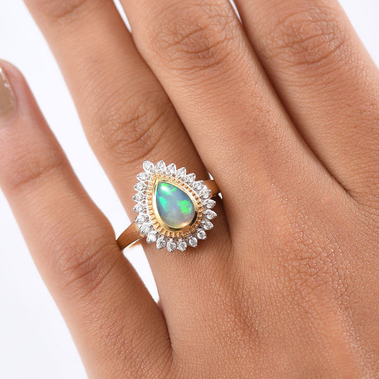 D'Joy AA Natürlicher, äthiopischer Welo Opal, Weißer Zirkon Ring 925 Silber vergoldet (Größe 17.00) ca. 1.28 ct