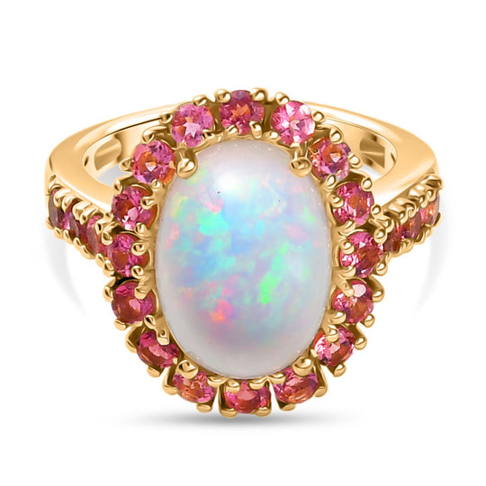 D'Joy AAA Natürlicher, äthiopischer Welo Opal, Rosa Turmalin Ring 925 Silber 750 Gelbgold Vermeil (Größe 19.00) ca. 5.54 ct