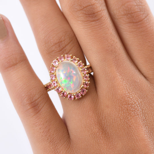 D'Joy AAA Natürlicher, äthiopischer Welo Opal, Rosa Turmalin Ring 925 Silber 750 Gelbgold Vermeil (Größe 19.00) ca. 5.54 ct