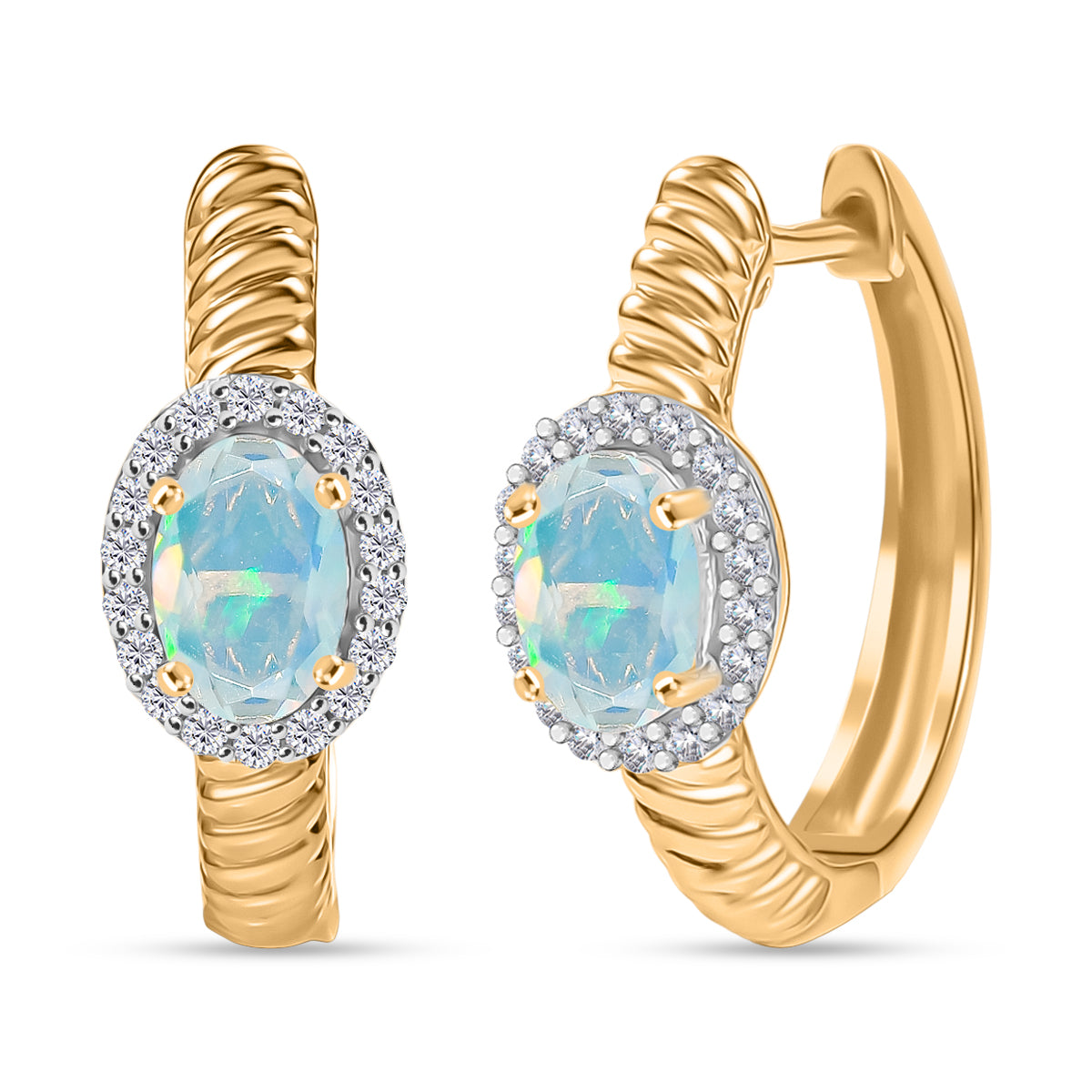 D'Joy AA Natürlicher, äthiopischer Welo Opal, Weißer Zirkon Ohrringe 925 Silber vergoldet ca. 0.80 ct