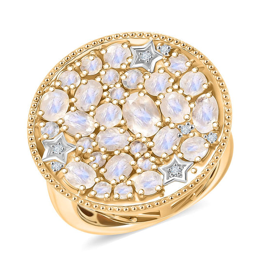D'Joy Regenbogen Mondstein Ring 925 Silber Rhodiniert und 750 Gelbgold Vermeil (Größe 19.00) ca. 3,61 ct