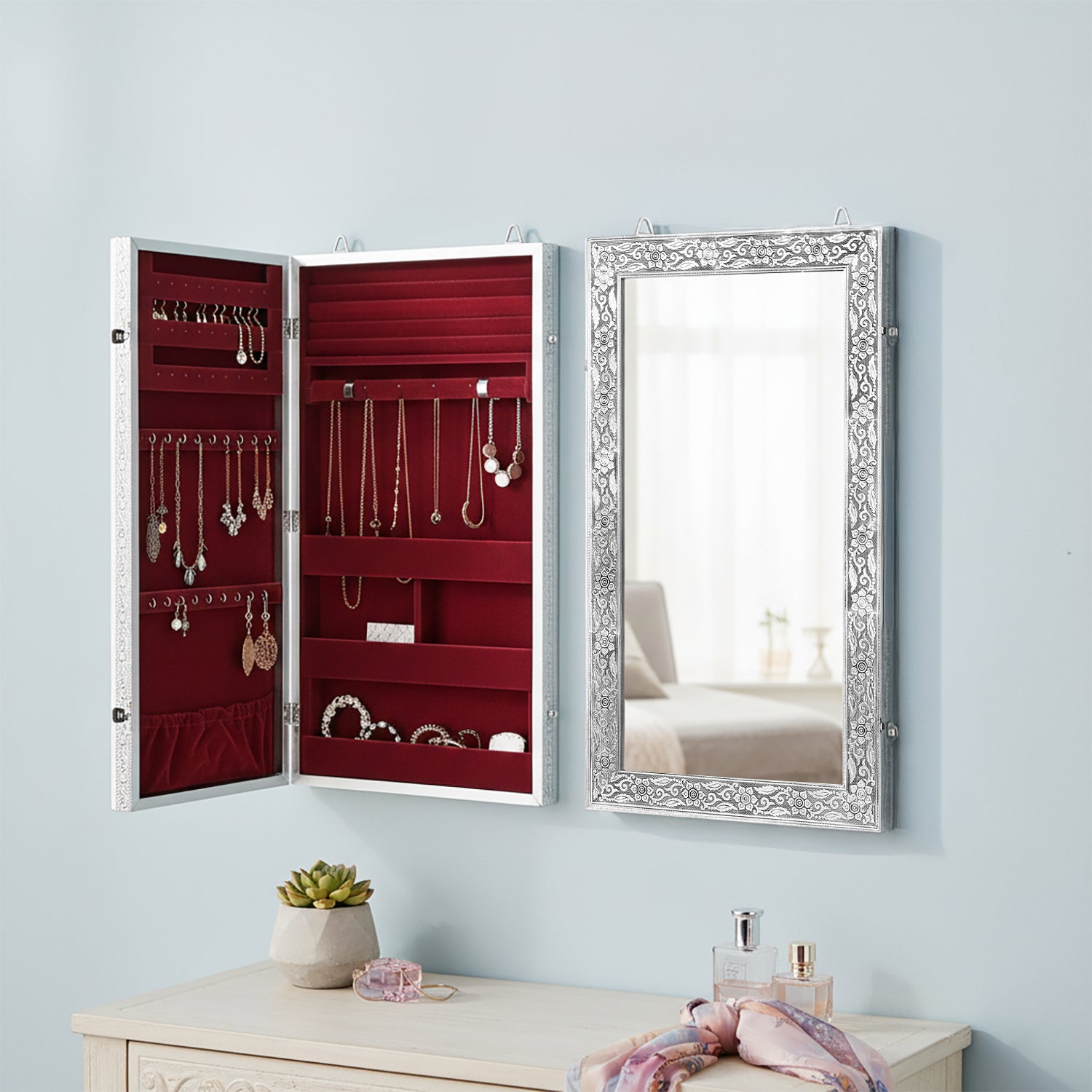 LIVMORE Schmuck Organizer mit Spiegel, Teakholz, 55,88 x 33 x 8,25 cm, Silberfarben