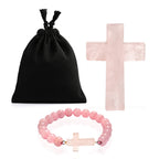 LIVMORE Rosenquarz Edelstein Kreuz mit Armband und Kreuz Anhänger, 7,62 cm