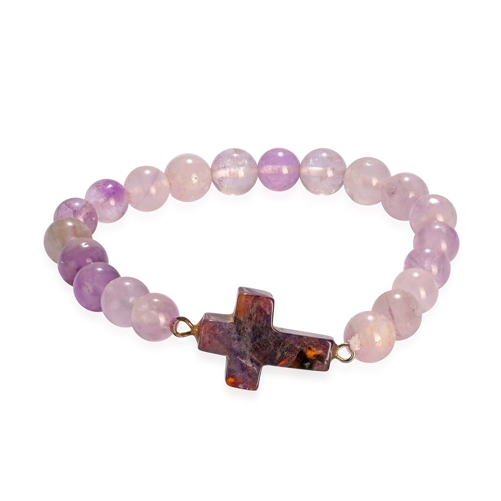 LIVMORE Amethyst Edelstein Kreuz mit Armband und Kreuz Anhänger, 7,62 cm, Lila