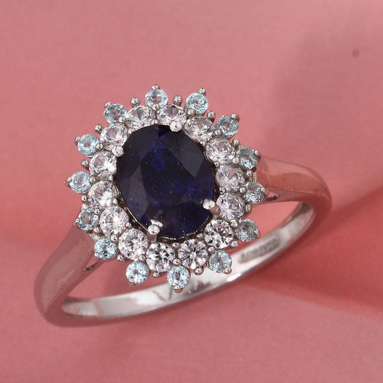 D'Joy Masoala Saphir (Fissure gefüllt), Weißer Zirkon Ring 925 Silber rhodiniert (Größe 19.00) ca. 2,85 ct
