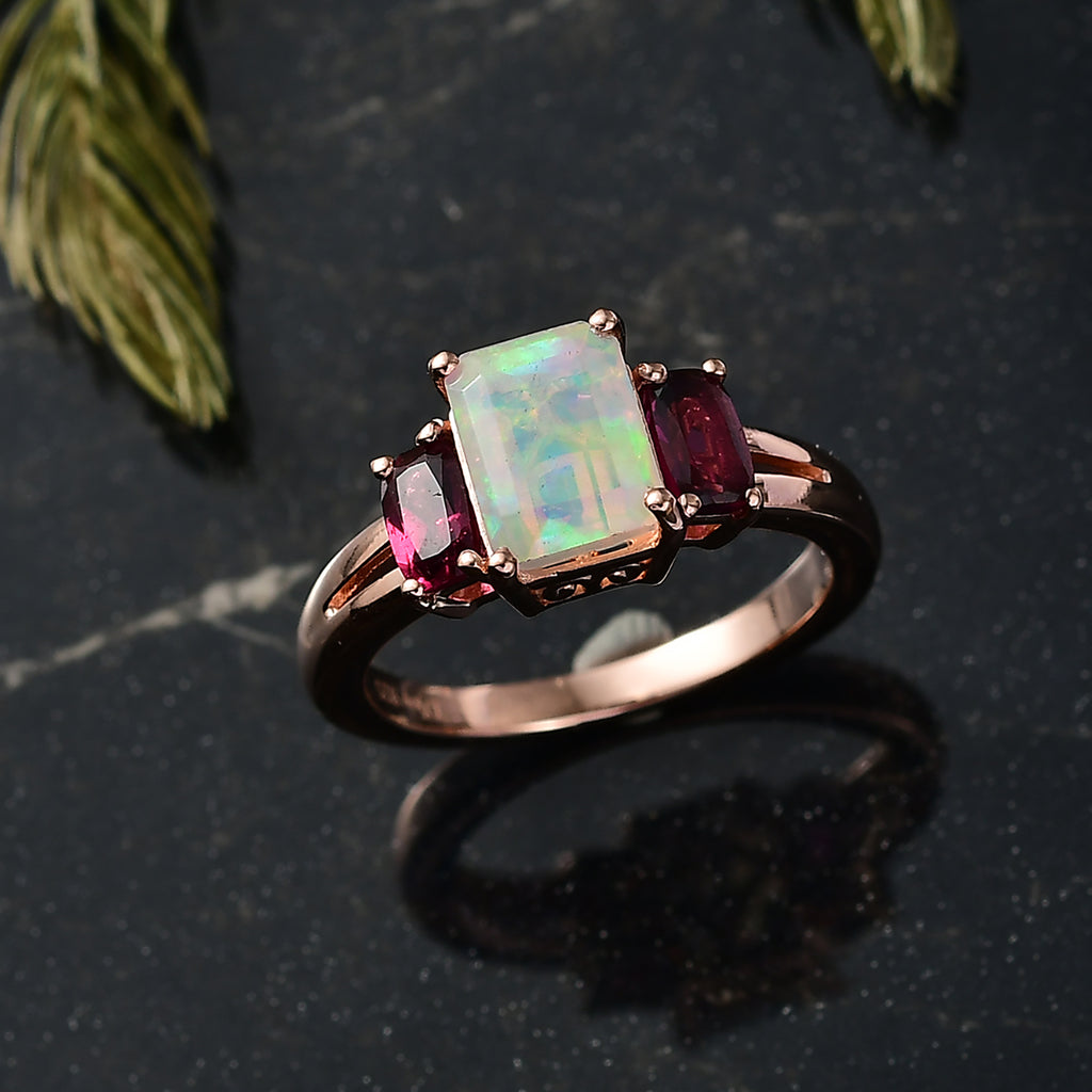 D'Joy AA Natürlicher, äthiopischer Welo Opal, Natürlicher Rhodolith Granat Ring 925 Silber rosévergoldet (Größe 16.00) ca. 1.76 ct
