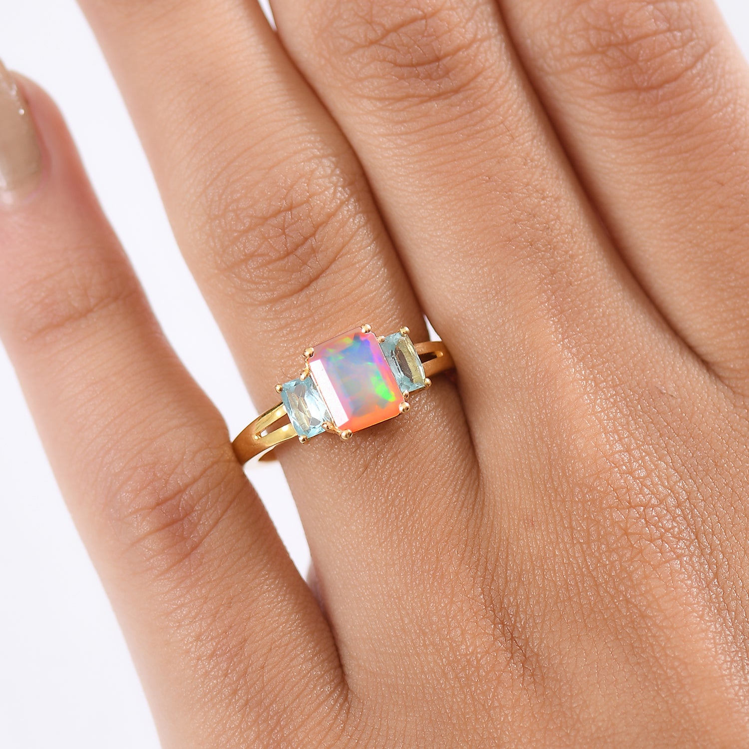 D'Joy AA Natürlicher, äthiopischer Welo Opal, Paraiba-Blau-Apatit Ring 925 Silber vergoldet (Größe 17.00) ca. 1.53 ct
