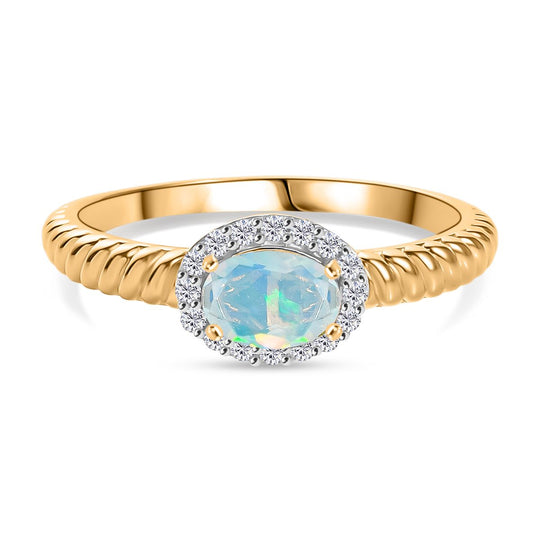 D'Joy AA Natürlicher, äthiopischer Welo Opal, Weißer Zirkon Ring 925 Silber vergoldet (Größe 20.00) ca. 0.67 ct