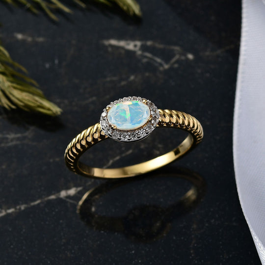 D'Joy AA Natürlicher, äthiopischer Welo Opal, Weißer Zirkon Ring 925 Silber vergoldet (Größe 20.00) ca. 0.67 ct