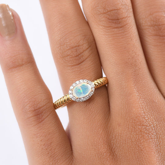 D'Joy AA Natürlicher, äthiopischer Welo Opal, Weißer Zirkon Ring 925 Silber vergoldet (Größe 20.00) ca. 0.67 ct