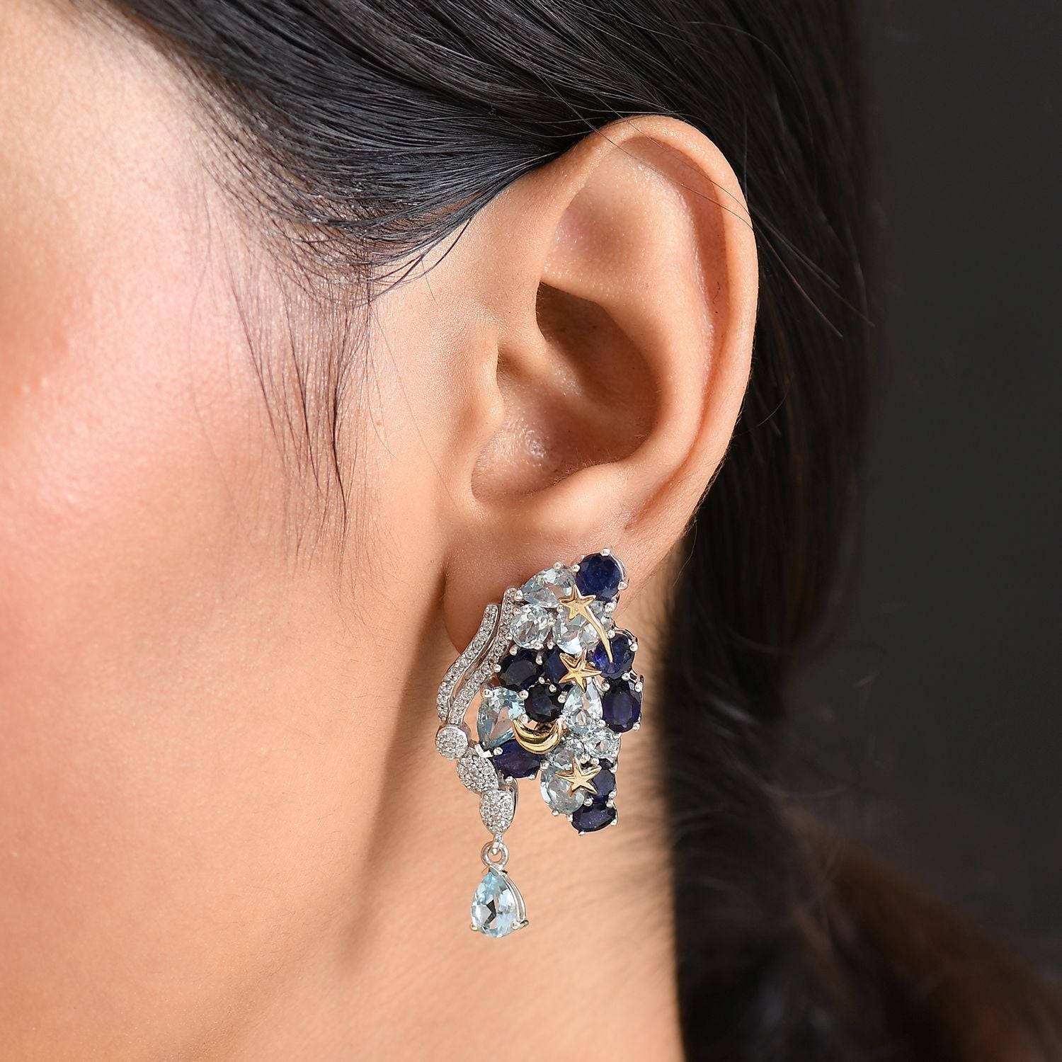 GP Trionfo Kollektion Himmelblauer Topas, Masoala Saphir (Fissure gefüllt) Ohrringe 925 Silber Rhodiniert und 750 Gelbgold Vermeil ca. 19.83 ct