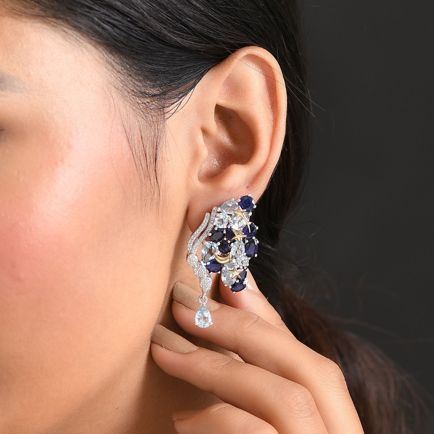 GP Trionfo Kollektion Himmelblauer Topas, Masoala Saphir (Fissure gefüllt) Ohrringe 925 Silber Rhodiniert und 750 Gelbgold Vermeil ca. 19.83 ct