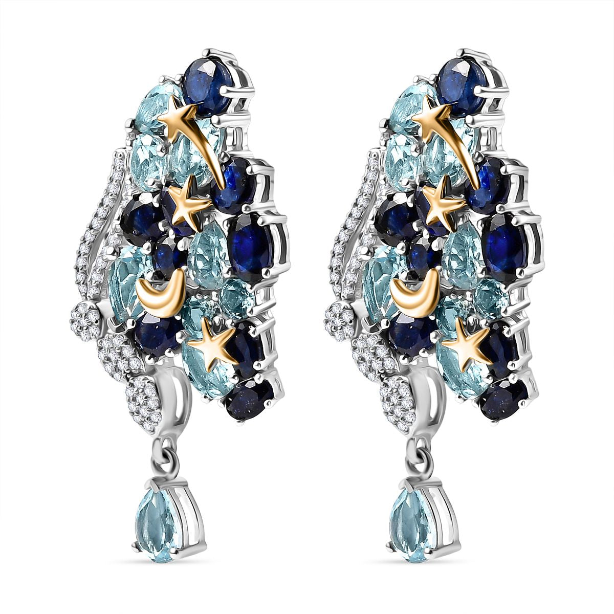 GP Trionfo Kollektion Himmelblauer Topas, Masoala Saphir (Fissure gefüllt) Ohrringe 925 Silber Rhodiniert und 750 Gelbgold Vermeil ca. 19.83 ct
