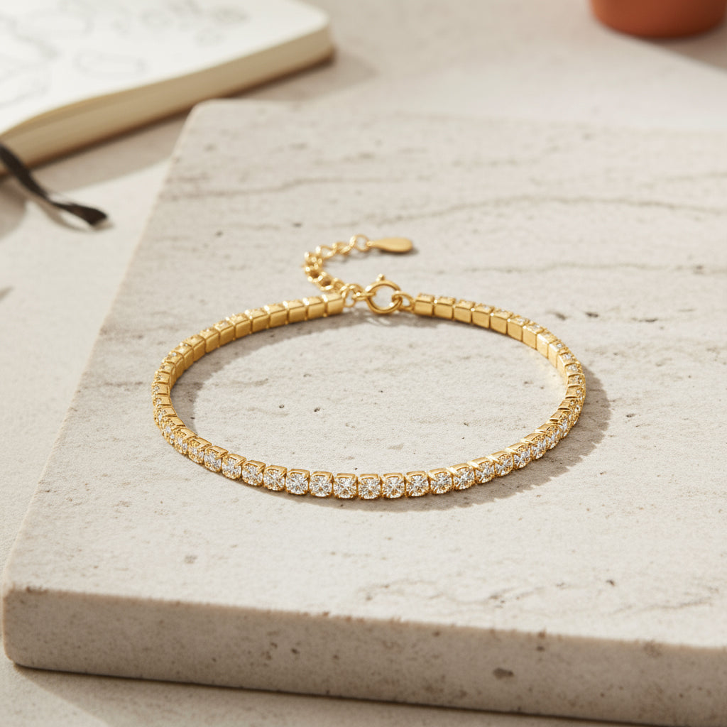 LUSTRO STELLA - Weißer Zirkonia Armband ca. 15.25 cm mit 5 cm extender, 925 Silber vergoldet
