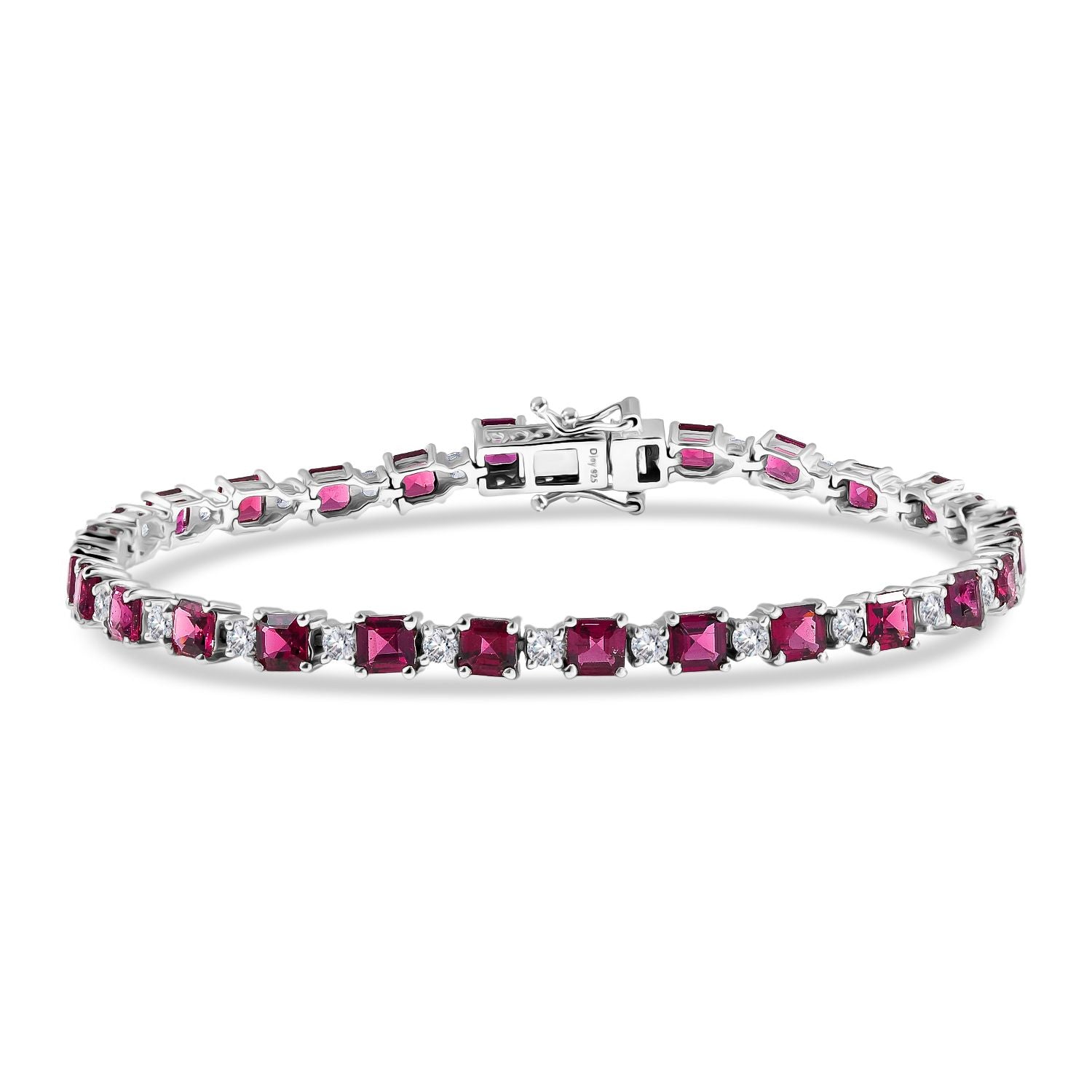 D'Joy Natürlicher Rhodolith Granat, Weißer Zirkon Armband ca. 20 cm 925 Silber rhodiniert ca. 14.97 ct