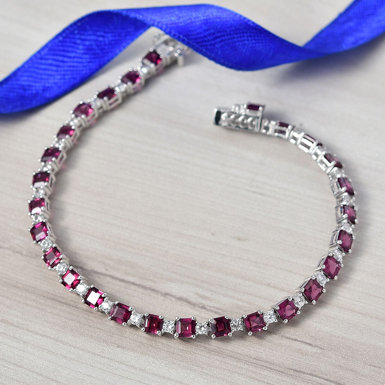 D'Joy Natürlicher Rhodolith Granat, Weißer Zirkon Armband ca. 20 cm 925 Silber rhodiniert ca. 14.97 ct