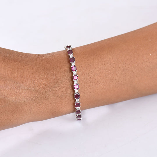 D'Joy Natürlicher Rhodolith Granat, Weißer Zirkon Armband ca. 20 cm 925 Silber rhodiniert ca. 14.97 ct