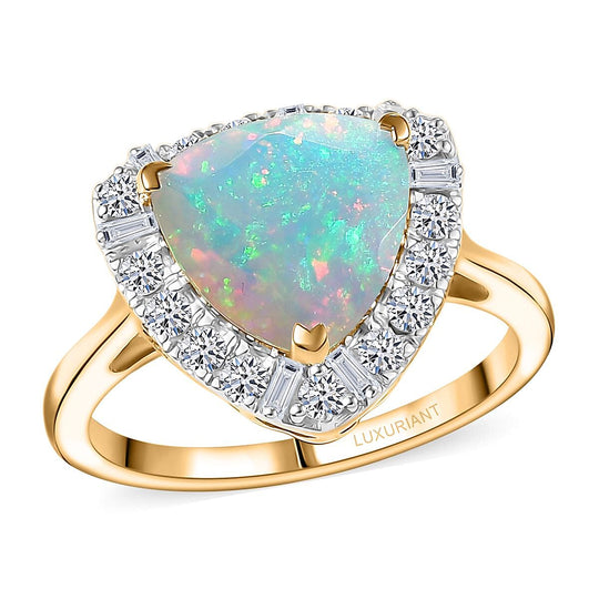 LUXURIANT - AAA Natürlicher, äthiopischer Welo Opal, Lab Grown Diamant Ring, AGI zertifiziert und geprüft, 417 Gelbgold (Größe 18.00) ca. 2.53 ct