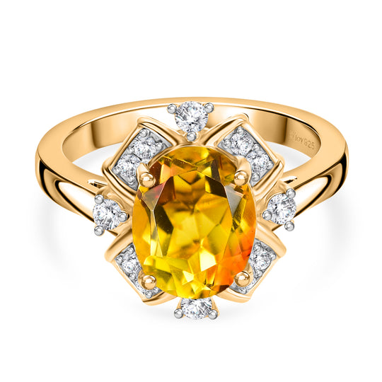 D'Joy - Sonnenstrahlen-Design Sphaleros Quarz-Triplette, Weißer Zirkon Ring 925 Silber 750 Gelb Vergoldet (Größe 17.00) ca. 3.46 ct