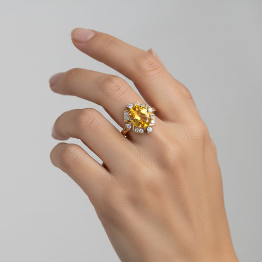 D'Joy - Sonnenstrahlen-Design Sphaleros Quarz-Triplette, Weißer Zirkon Ring 925 Silber 750 Gelb Vergoldet (Größe 17.00) ca. 3.46 ct