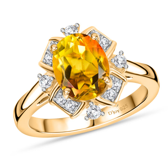 D'Joy - Sonnenstrahlen-Design Sphaleros Quarz-Triplette, Weißer Zirkon Ring 925 Silber 750 Gelb Vergoldet (Größe 17.00) ca. 3.46 ct