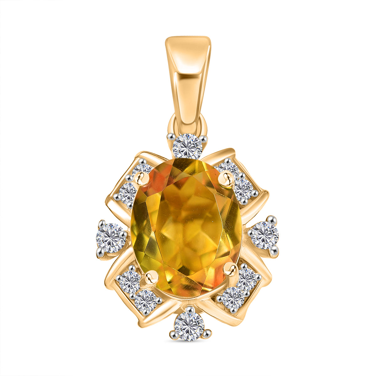 D'Joy - Sonnenstrahlen-Design Sphaleros Quarz-Triplette, Weißer Zirkon Anhänger, 925 Silber 750 Gelb vergoldet ca. 3.46 ct