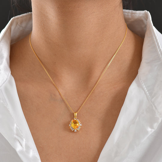 D'Joy - Sonnenstrahlen-Design Sphaleros Quarz-Triplette, Weißer Zirkon Anhänger, 925 Silber 750 Gelb vergoldet ca. 3.46 ct