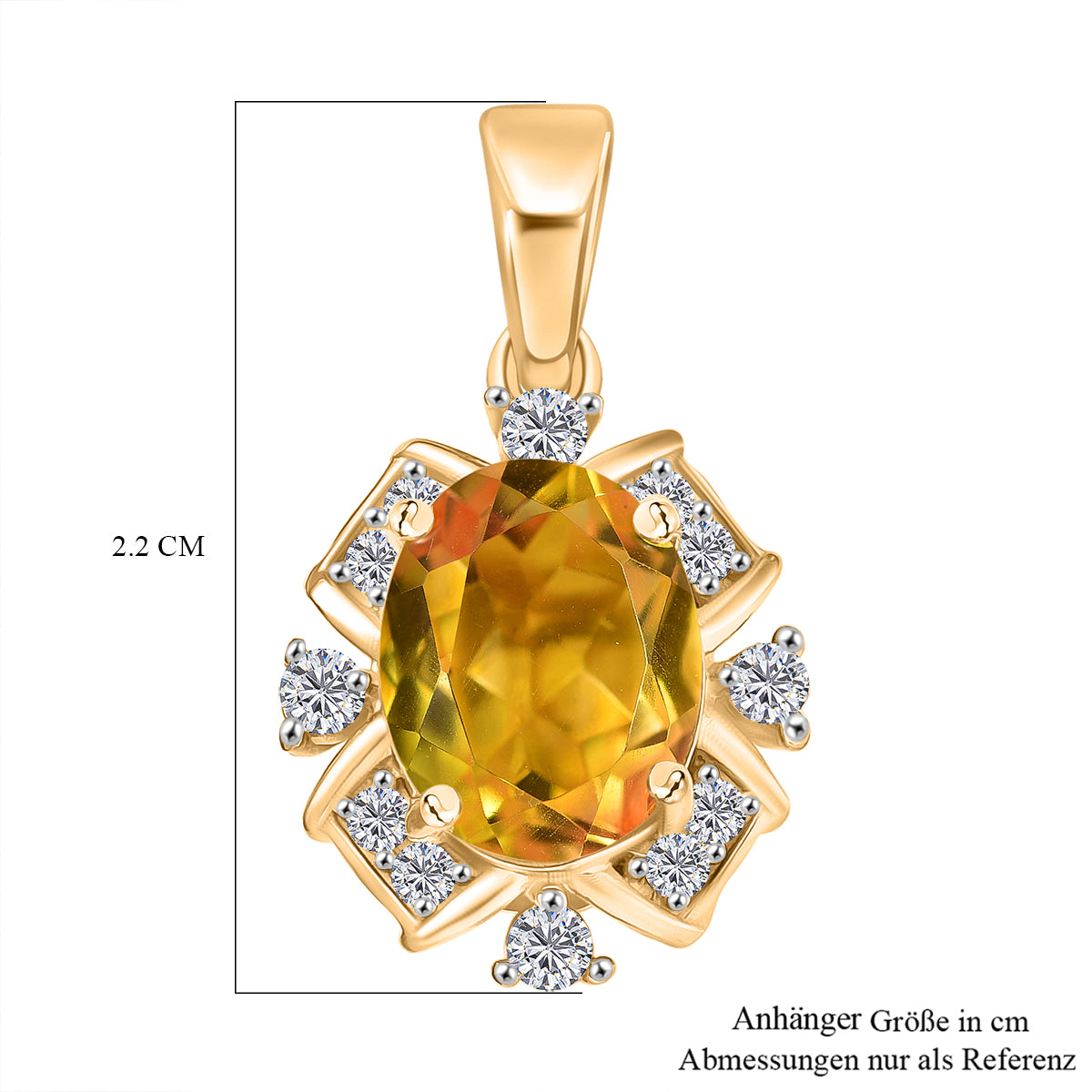 D'Joy - Sonnenstrahlen-Design Sphaleros Quarz-Triplette, Weißer Zirkon Anhänger, 925 Silber 750 Gelb vergoldet ca. 3.46 ct