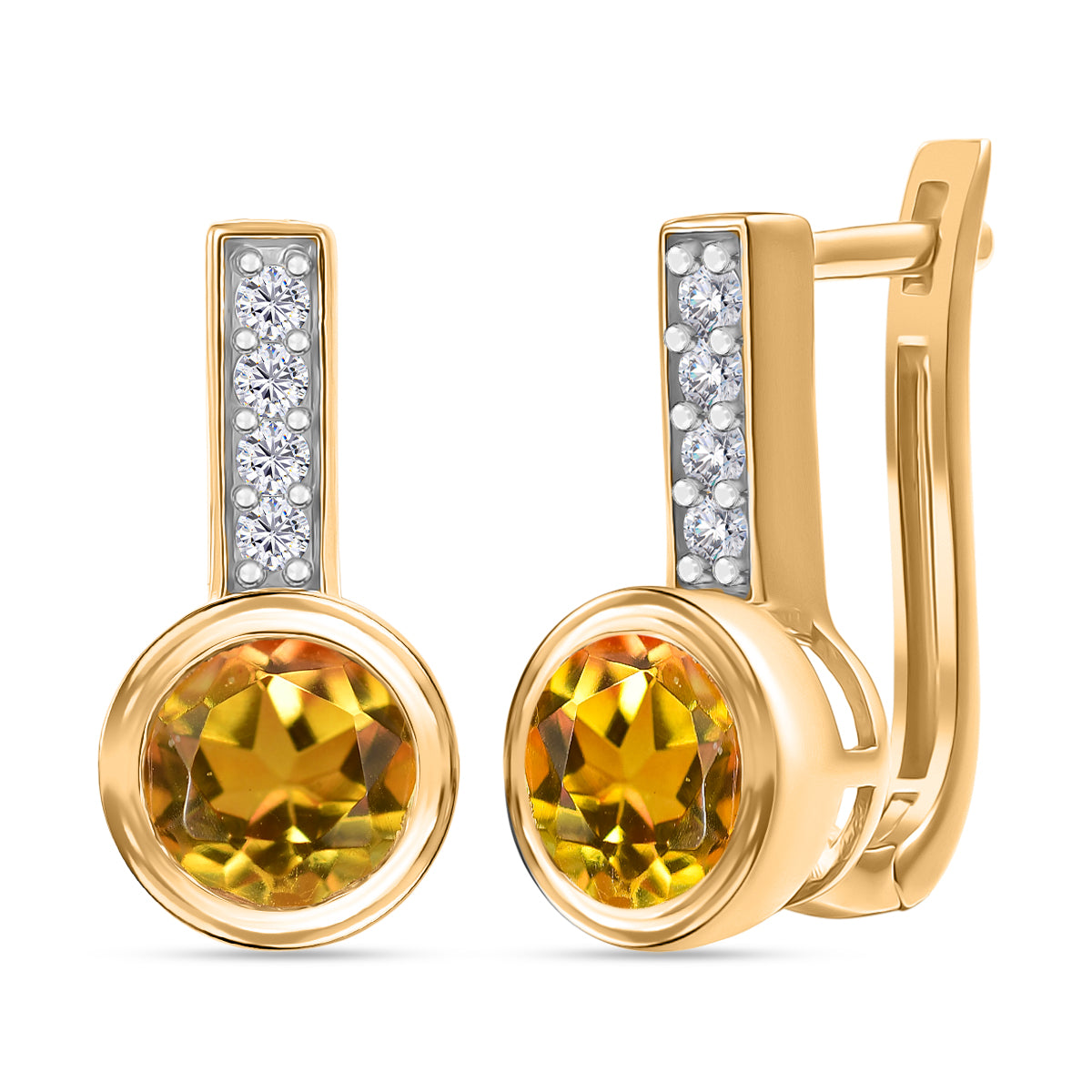 D'Joy Feuerkranz-Design Sphaleros Quarz-Triplette, Weißer Zirkon Ohrringe 925 Silber 750 Gelb Vergoldet ca. 3.32 ct