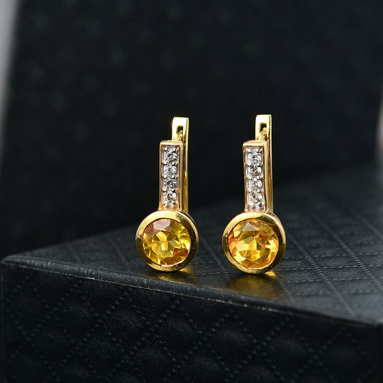D'Joy Feuerkranz-Design Sphaleros Quarz-Triplette, Weißer Zirkon Ohrringe 925 Silber 750 Gelb Vergoldet ca. 3.32 ct