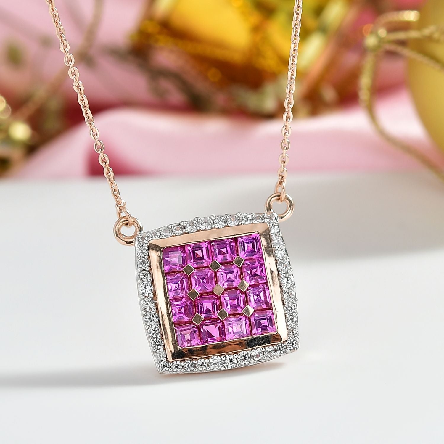 AA Lab Grown Rosa Saphir, Weißer Zirkon Halskette ca. 50 cm 925 Silber 750 Roségold Vermeil ca. 2.59 ct