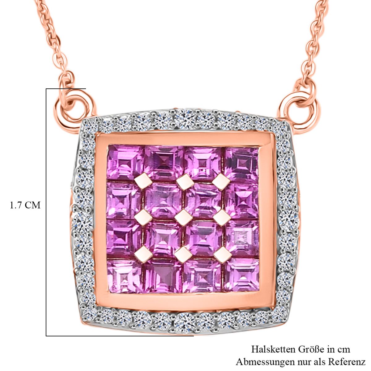 AA Lab Grown Rosa Saphir, Weißer Zirkon Halskette ca. 50 cm 925 Silber 750 Roségold Vermeil ca. 2.59 ct