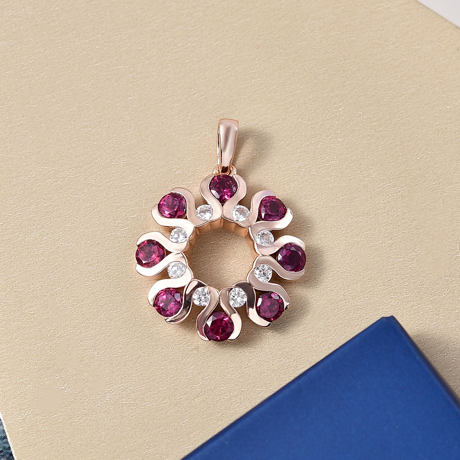 D'Joy Aura der Kaiserin Natürlicher Rhodolith Granat, Weißer Zirkon Anhänger 925 Silber 750 rosévergoldet ca. 2.56 ct