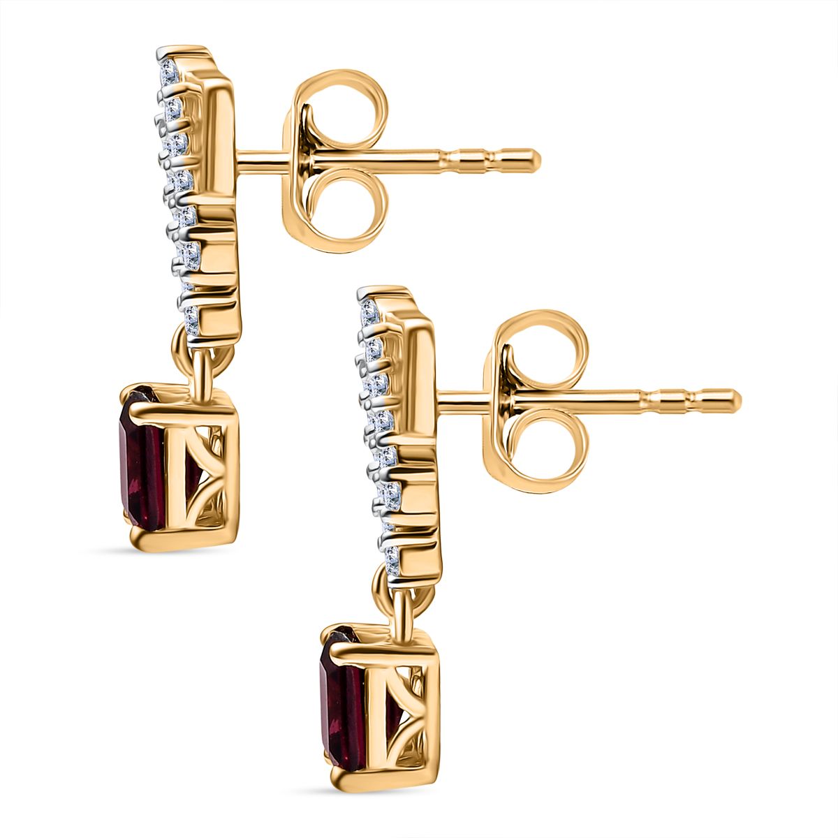 D'Joy AA Natürlicher Rhodolith Granat, Weißer Zirkon Ohrringe 925 Silber 750 Gelb Vergoldet ca. 1.98 ct