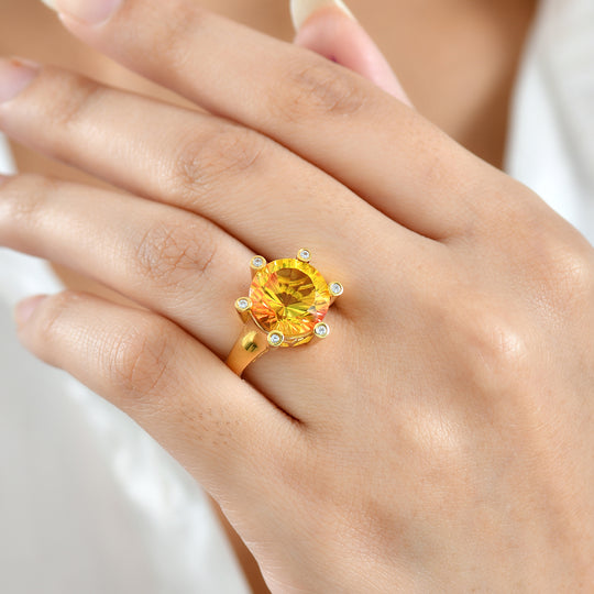 D'Joy - Sonnenfeuer-Design Sphaleros Quarz-Triplette, Weißer Zirkon Ring 925 Silber 750 Gelbgold Vermeil (Größe 17.00) ca. 7.93 ct