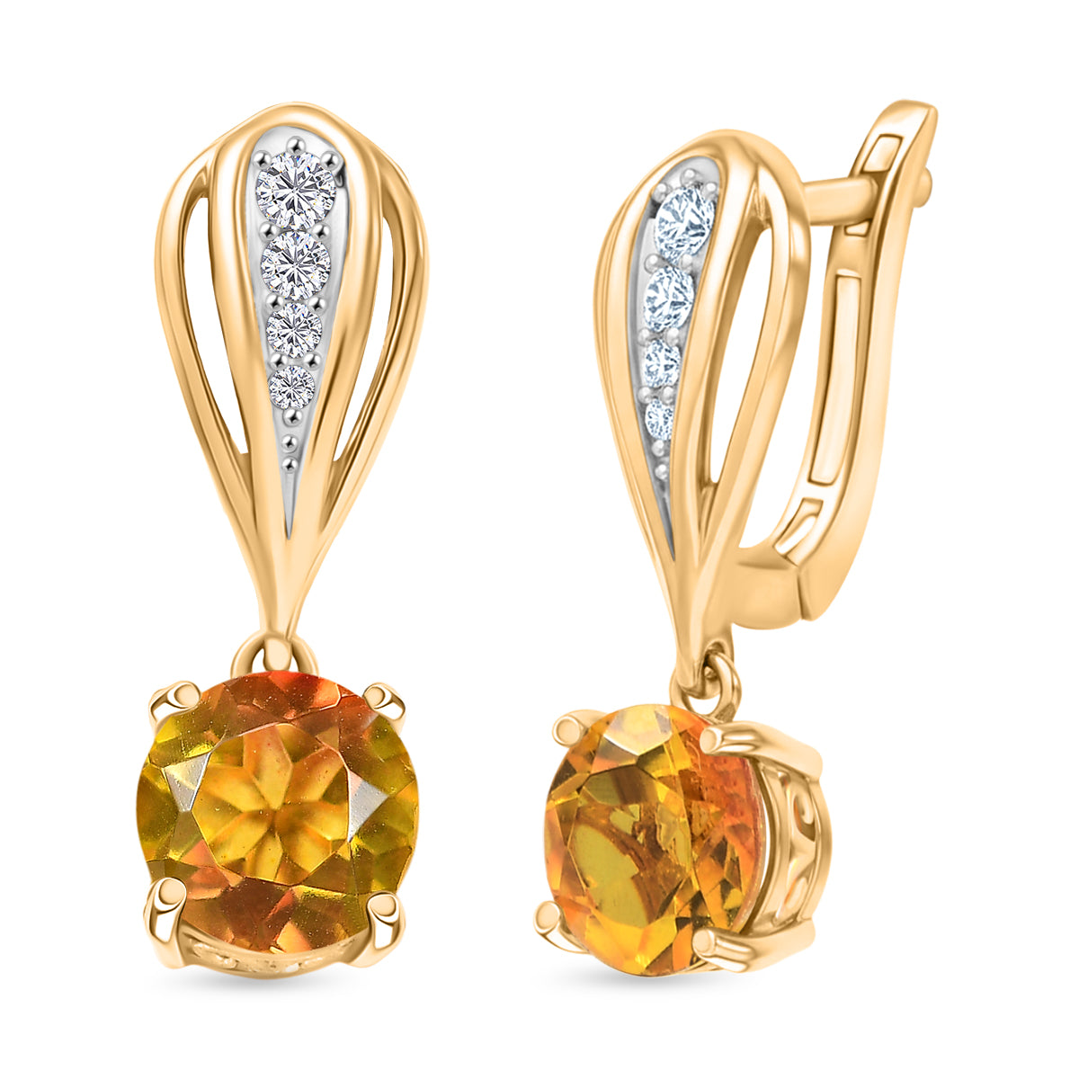 D'Joy - Feuerlicht-Tropfen-Design Sphaleros Quarz-Triplette, Weißer Zirkon Ohrringe 925 Silber 750 Gelb Vergoldet ca. 3.24 ct