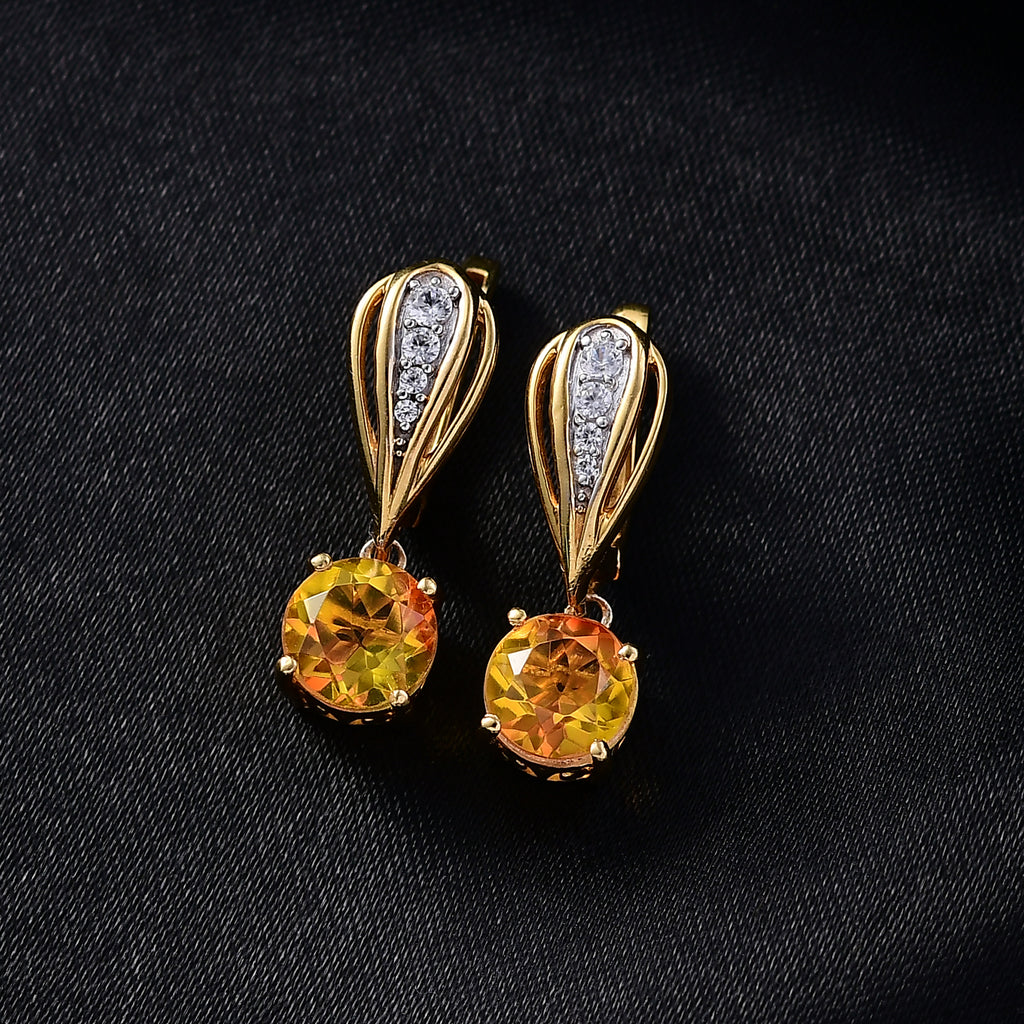 D'Joy Sphaleros Quarz, Weißer Zirkon Ohrringe 925 Silber 750 Gelb Vergoldet ca. 3,24 ct.